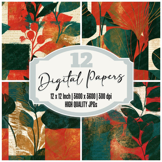 Pop Art Forest Green Crimson Abstract Seamless Digital Paper Pack (DDD014342)