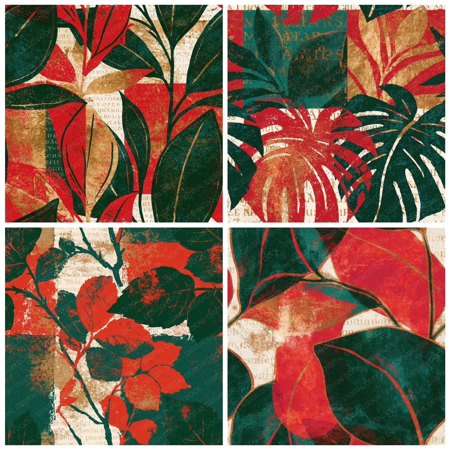 Pop Art Forest Green Crimson Abstract Seamless Digital Paper Pack (DDD014342)