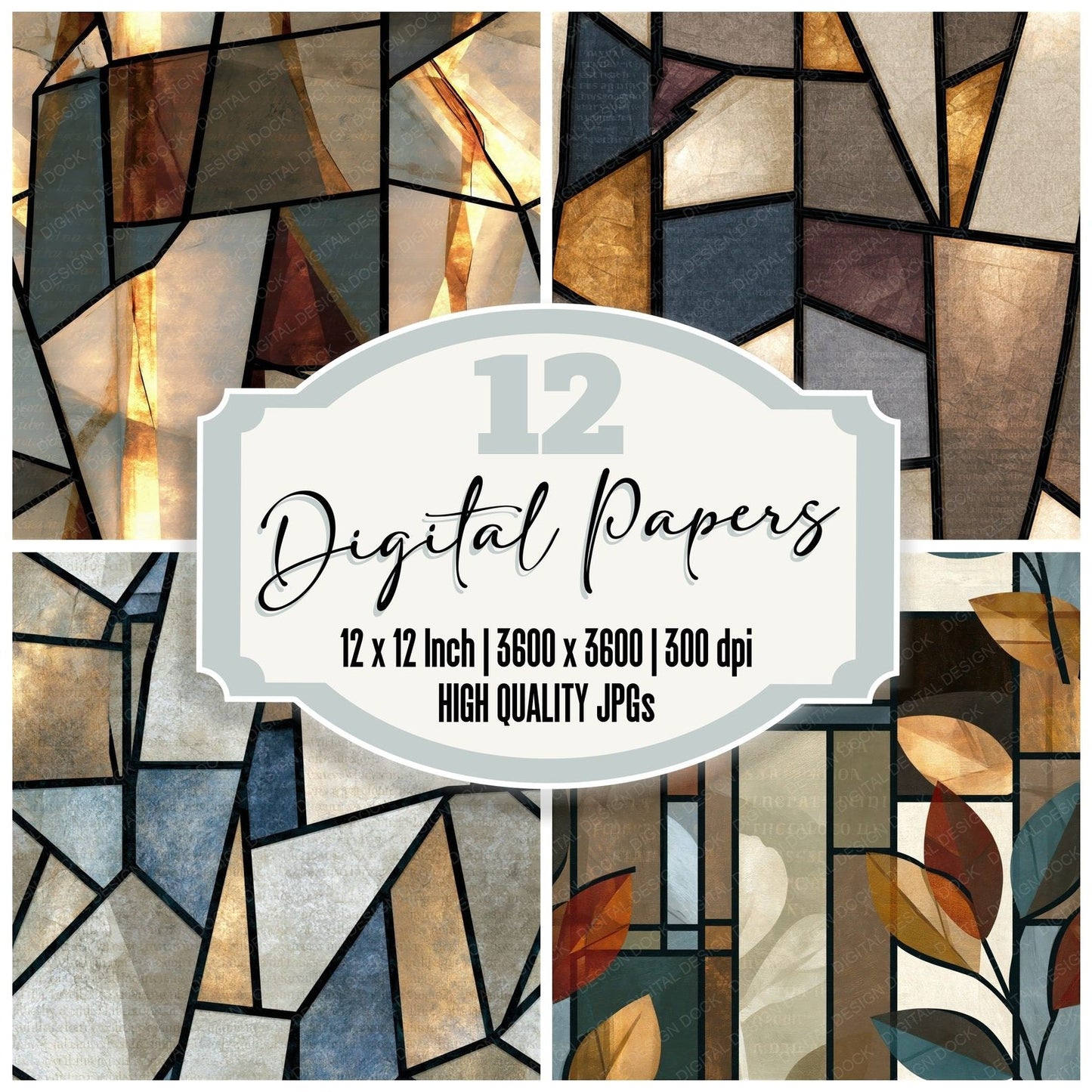 Stained Glass Bone Stone Taupe Abstract Seamless Digital Paper Pack (DDD014344)