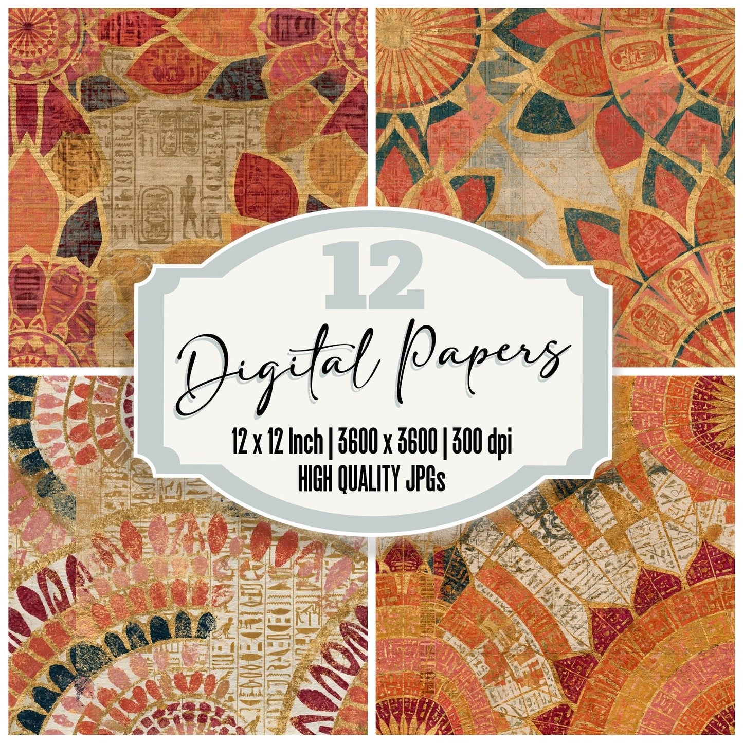 Mandala Egyptian Hieroglyphs Coral Gold Seamless Digital Paper Pack (DDD014348)