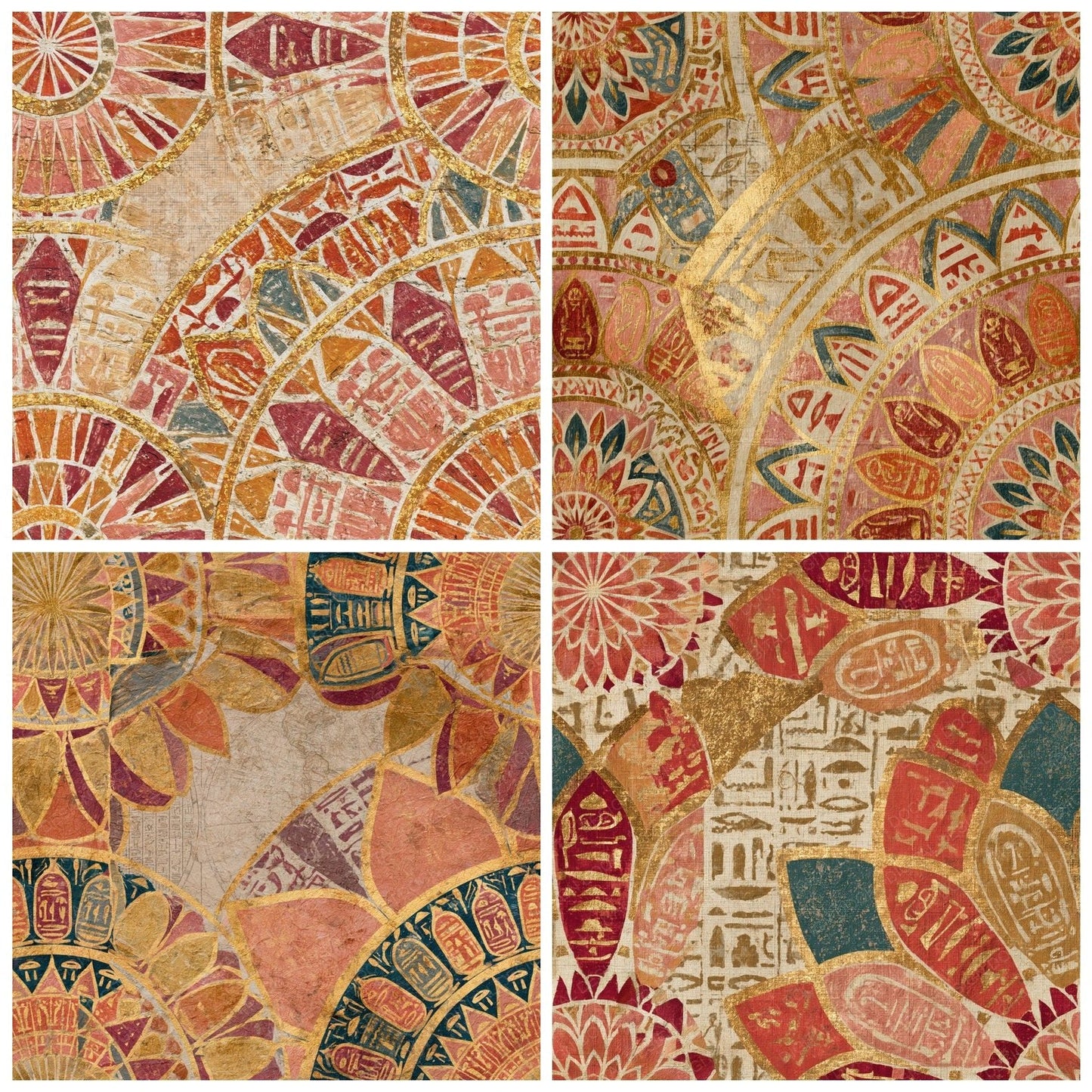 Mandala Egyptian Hieroglyphs Coral Gold Seamless Digital Paper Pack (DDD014348)