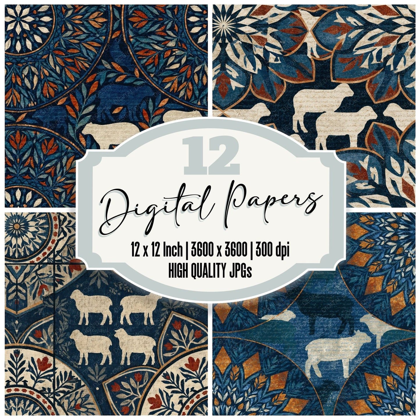 Mandala Lamb Navy Chalk Seamless Digital Paper Pack (DDD014350)