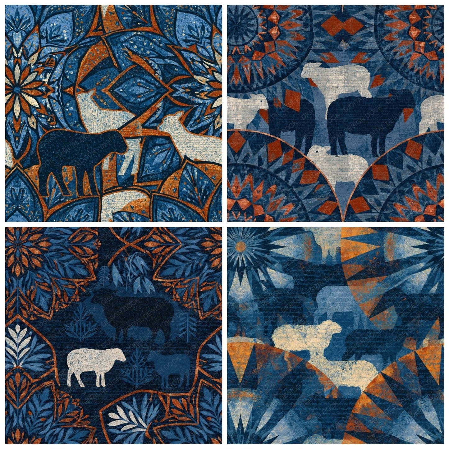 Mandala Lamb Navy Chalk Seamless Digital Paper Pack (DDD014350)