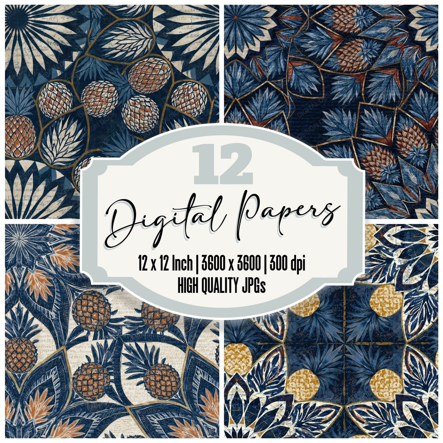Mandala Pineapple Navy Chalk Seamless Digital Paper Pack (DDD014353)