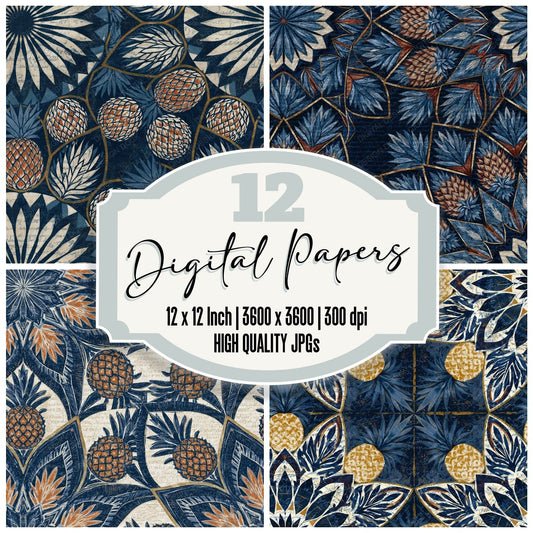 Mandala Pineapple Navy Chalk Seamless Digital Paper Pack (DDD014353)