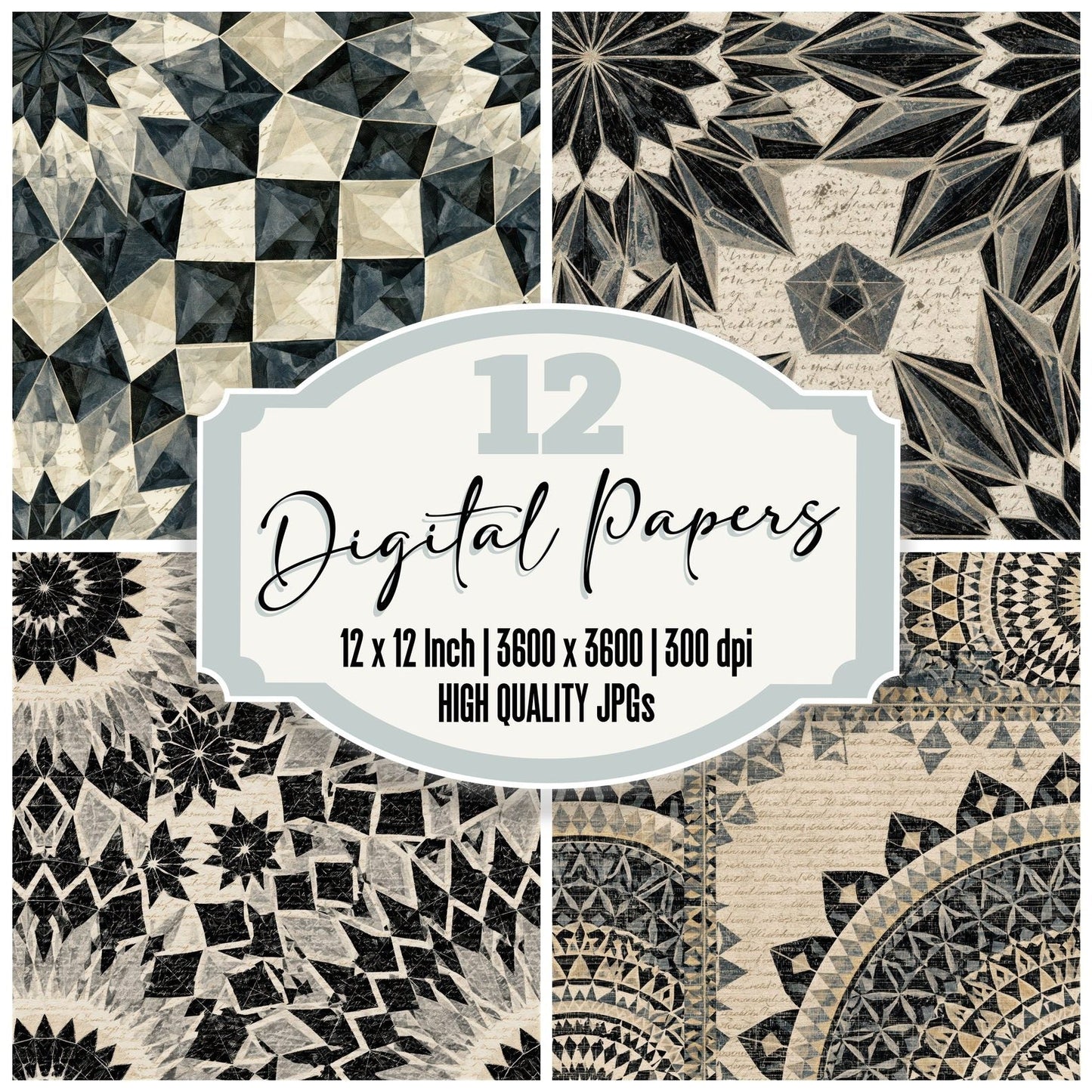 Mandala Tetrahedron Bone Pearl Seamless Digital Paper Pack (DDD014358)