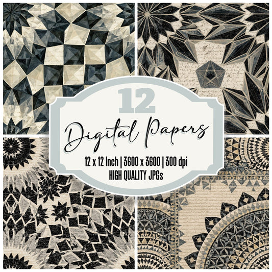Mandala Tetrahedron Bone Pearl Seamless Digital Paper Pack (DDD014358)