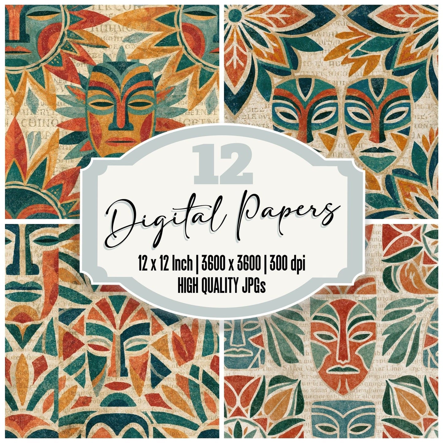 Mandala Tribal Masks Papaya Jade Seamless Digital Paper Pack (DDD014359)