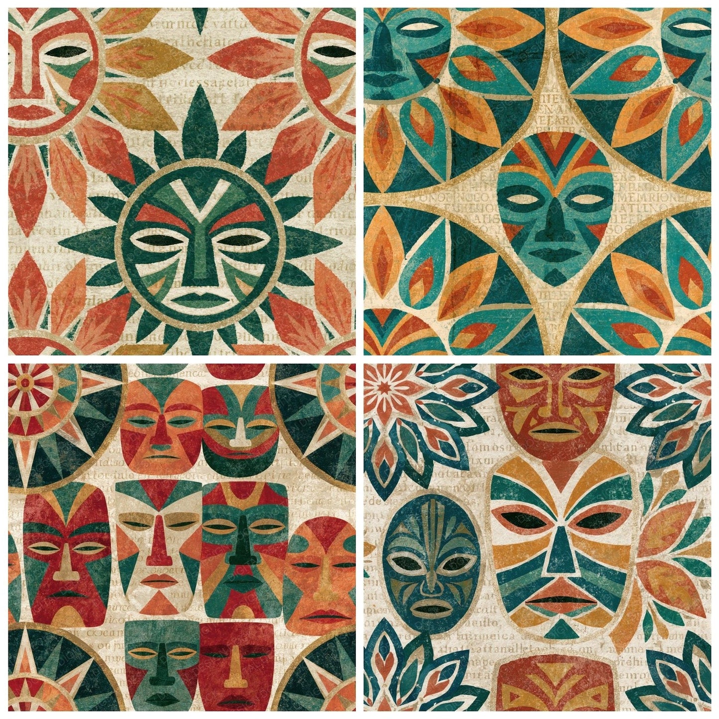 Mandala Tribal Masks Papaya Jade Seamless Digital Paper Pack (DDD014359)