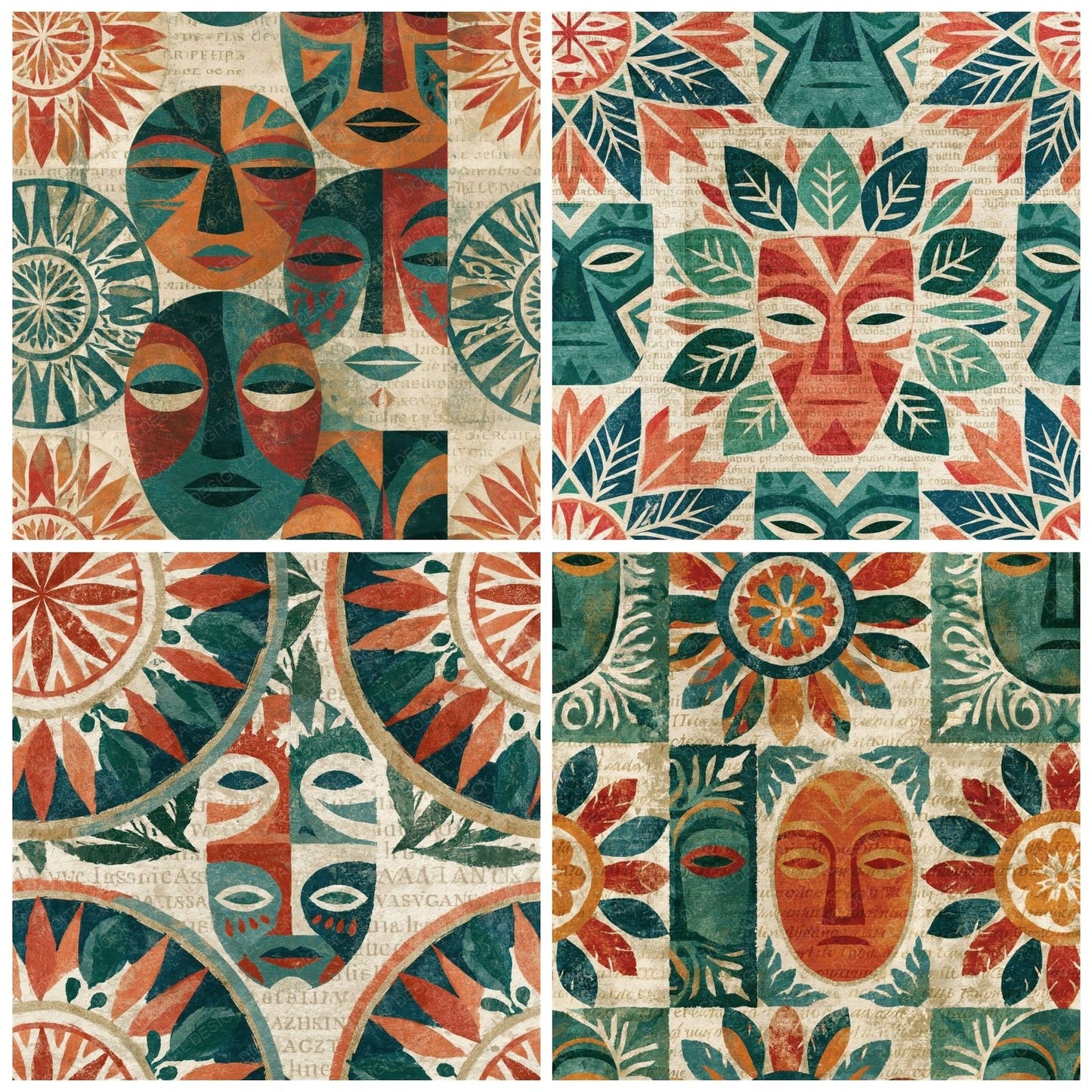 Mandala Tribal Masks Papaya Jade Seamless Digital Paper Pack (DDD014359)