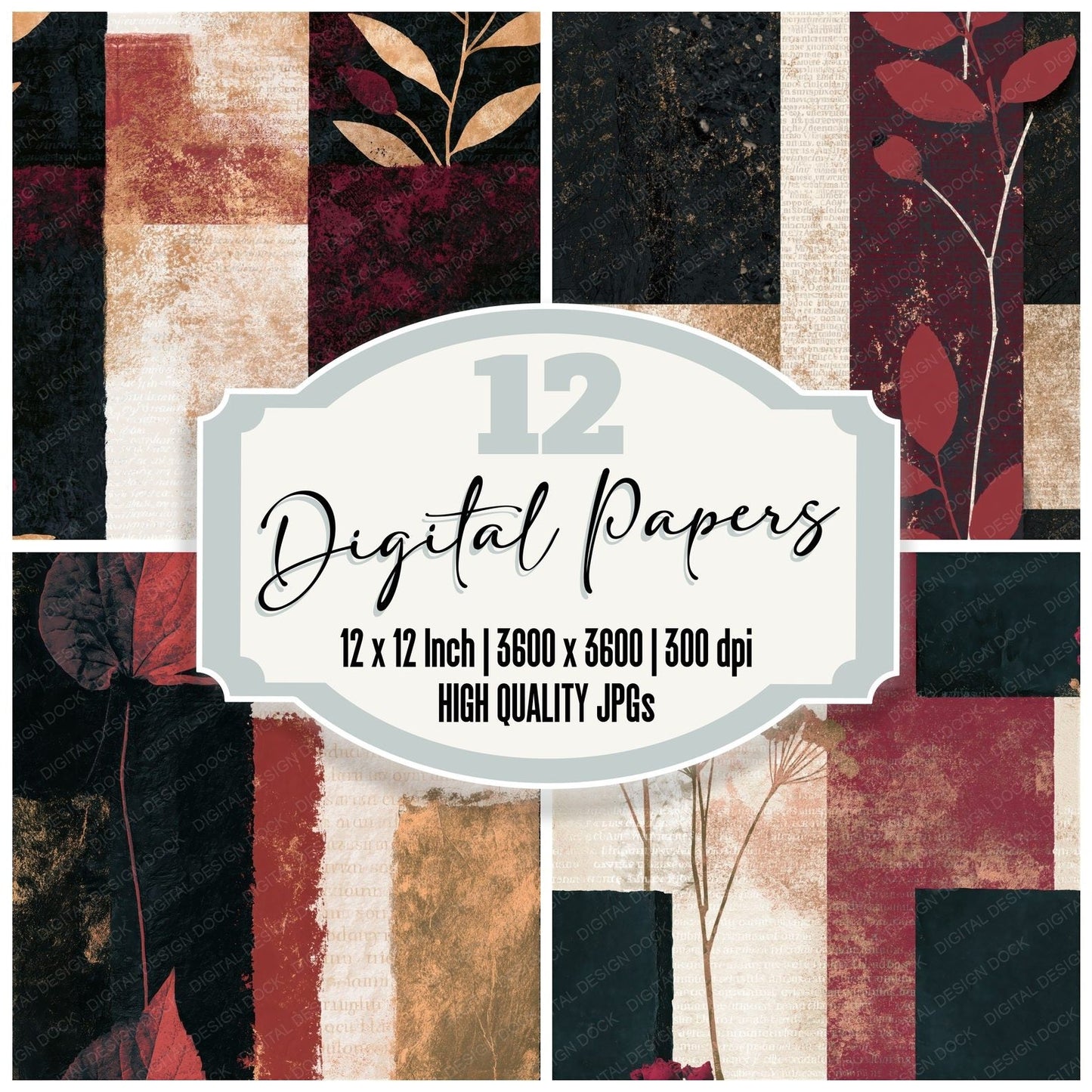 Minimal Black Ivory Oxblood Abstract Seamless Digital Paper Pack (DDD014362)