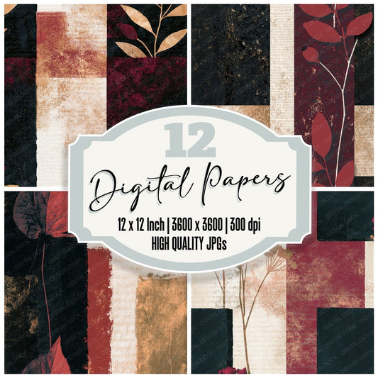 Minimal Black Ivory Oxblood Abstract Seamless Digital Paper Pack (DDD014362)