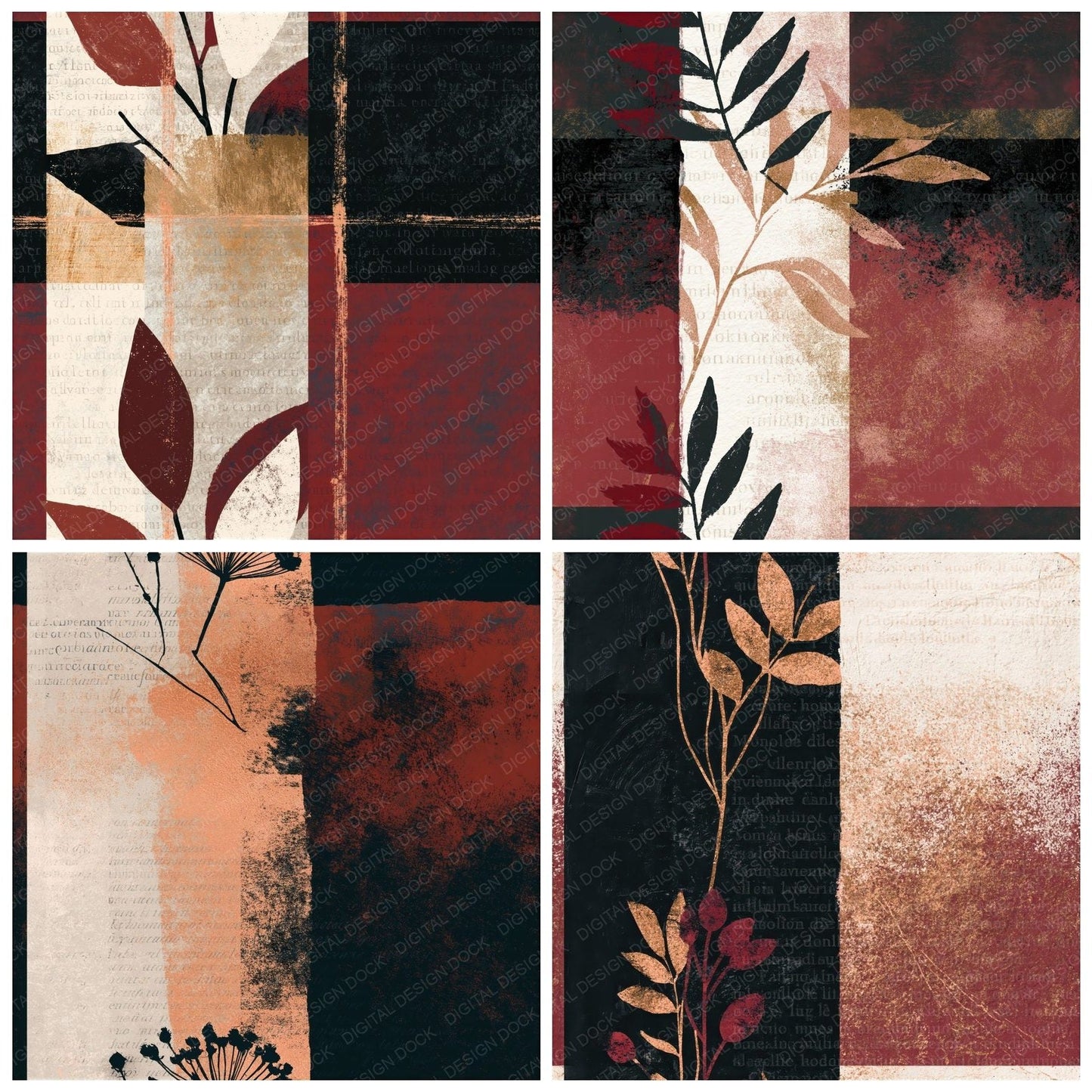 Minimal Black Ivory Oxblood Abstract Seamless Digital Paper Pack (DDD014362)