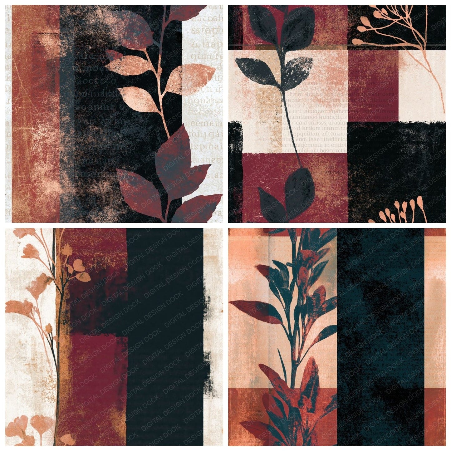 Minimal Black Ivory Oxblood Abstract Seamless Digital Paper Pack (DDD014362)
