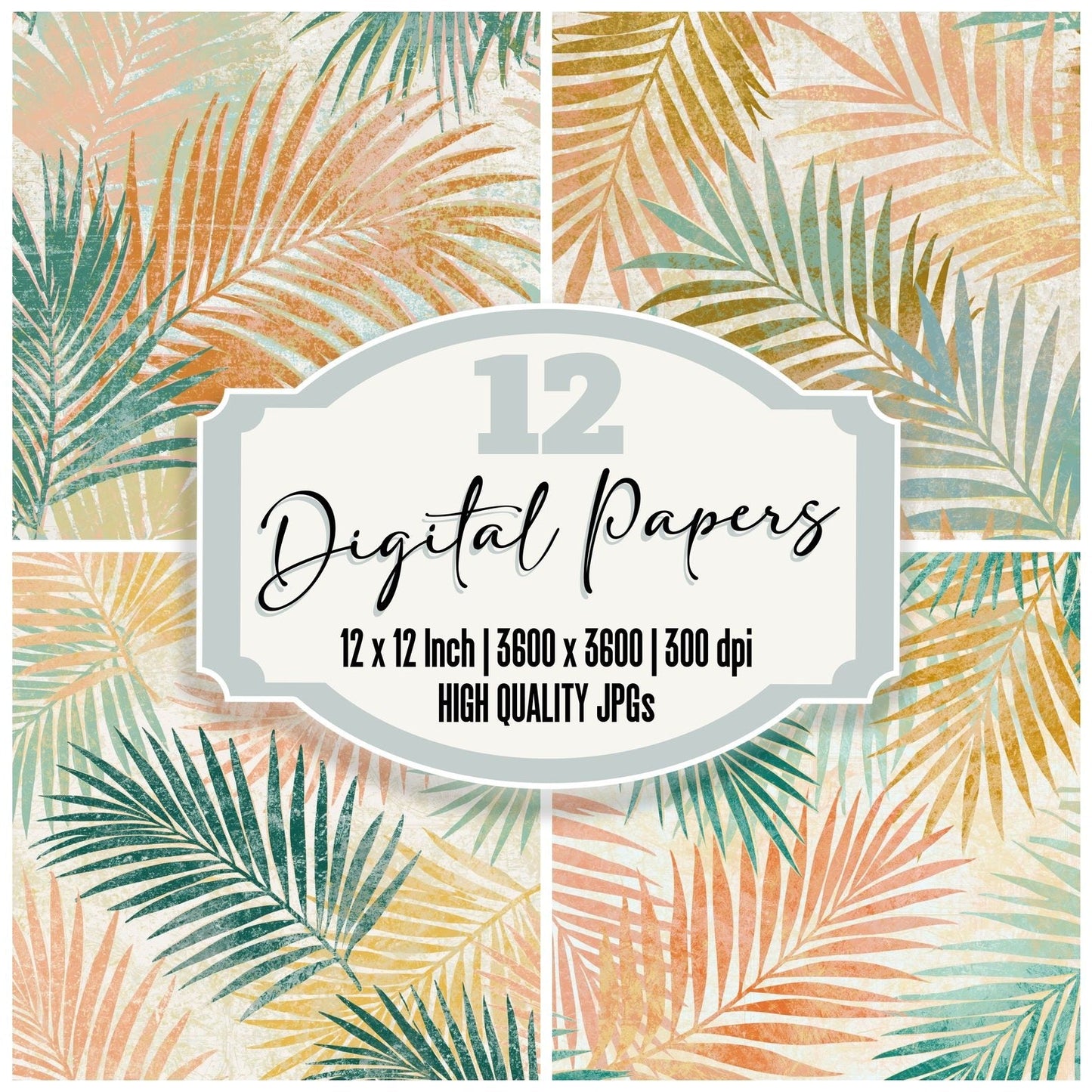 Indian Block Print Palm Peach Mint Digital Paper Pack (DDD014369)
