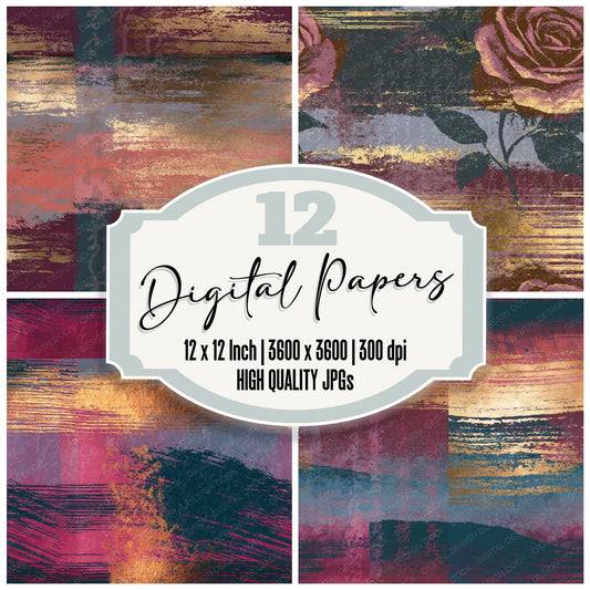 Indian Block Print Rose Wine Pewter Abstract Seamless Digital Paper Pack (DDD014370)