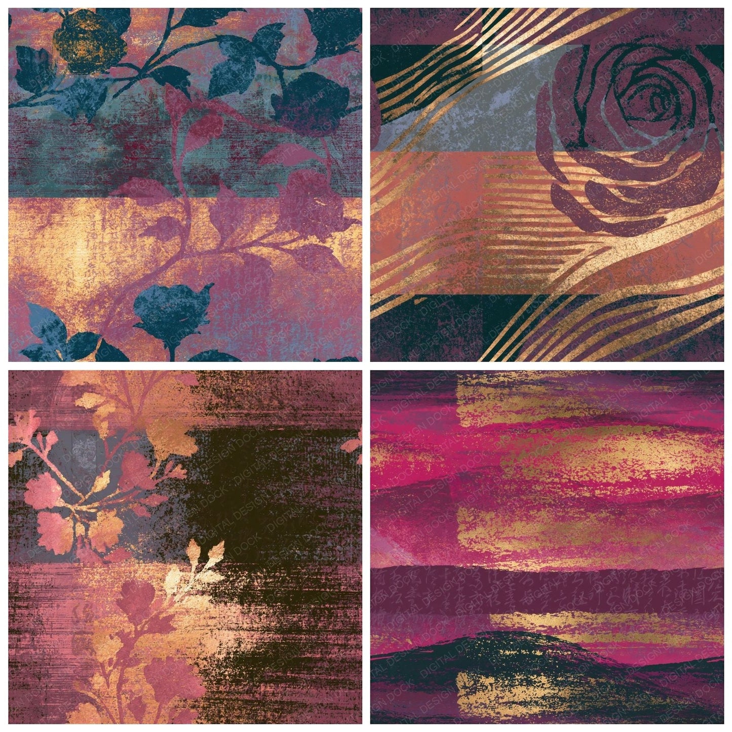 Indian Block Print Rose Wine Pewter Abstract Seamless Digital Paper Pack (DDD014370)