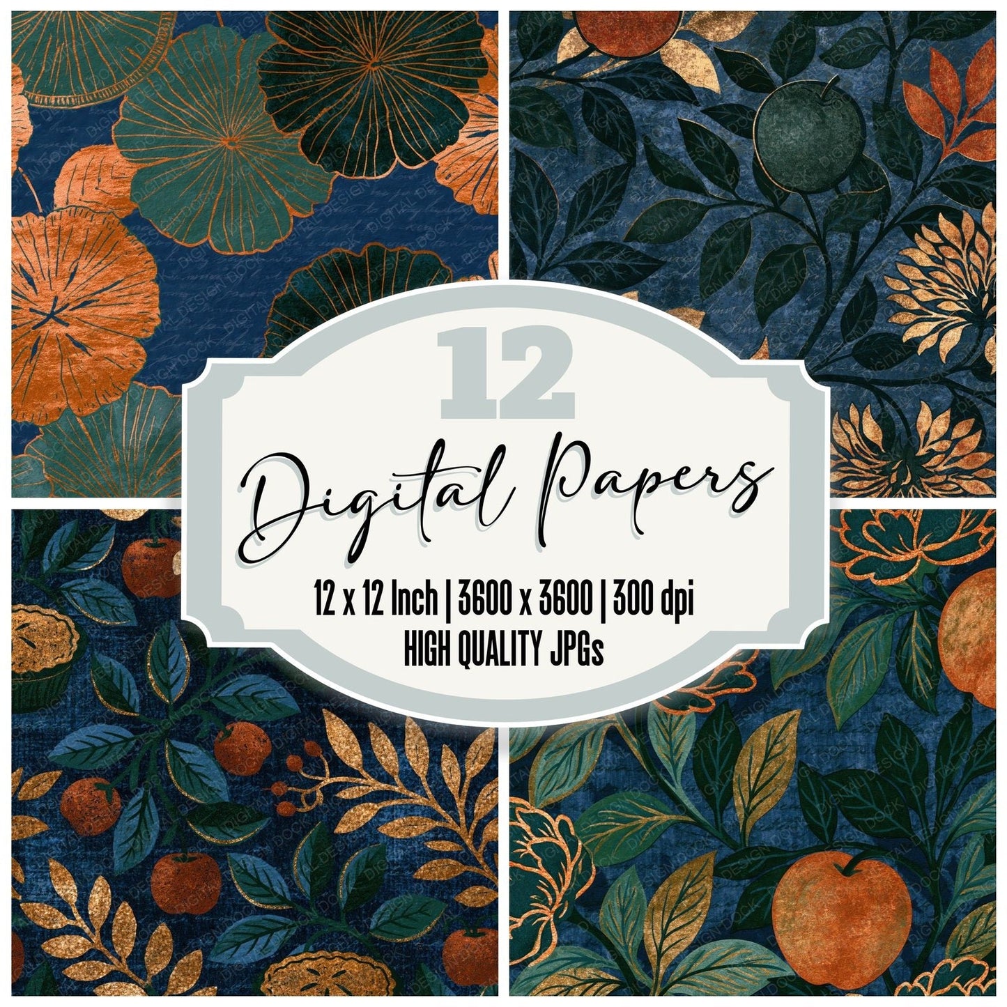 Letterpress Apple Pie Midnight Green Copper Digital Paper Pack (DDD014372)