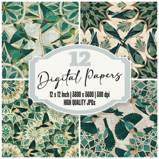 Mandala Goldfinch Emerald Jade Seamless Digital Paper Pack (DDD014373)