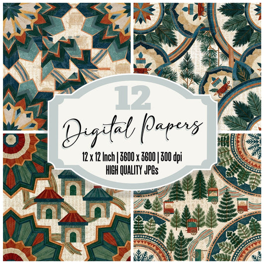 Mandala Popcorn Cart Pine Cream Seamless Digital Paper Pack (DDD014377)