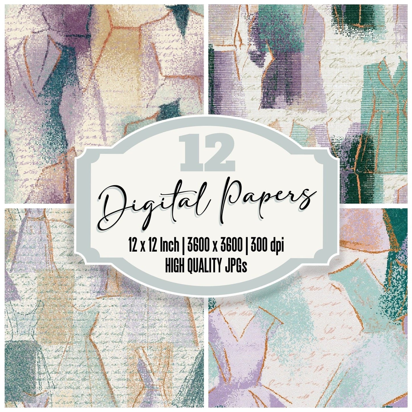 Pointillism Fashion Sketches Lilac Mint Digital Paper Pack (DDD014380)