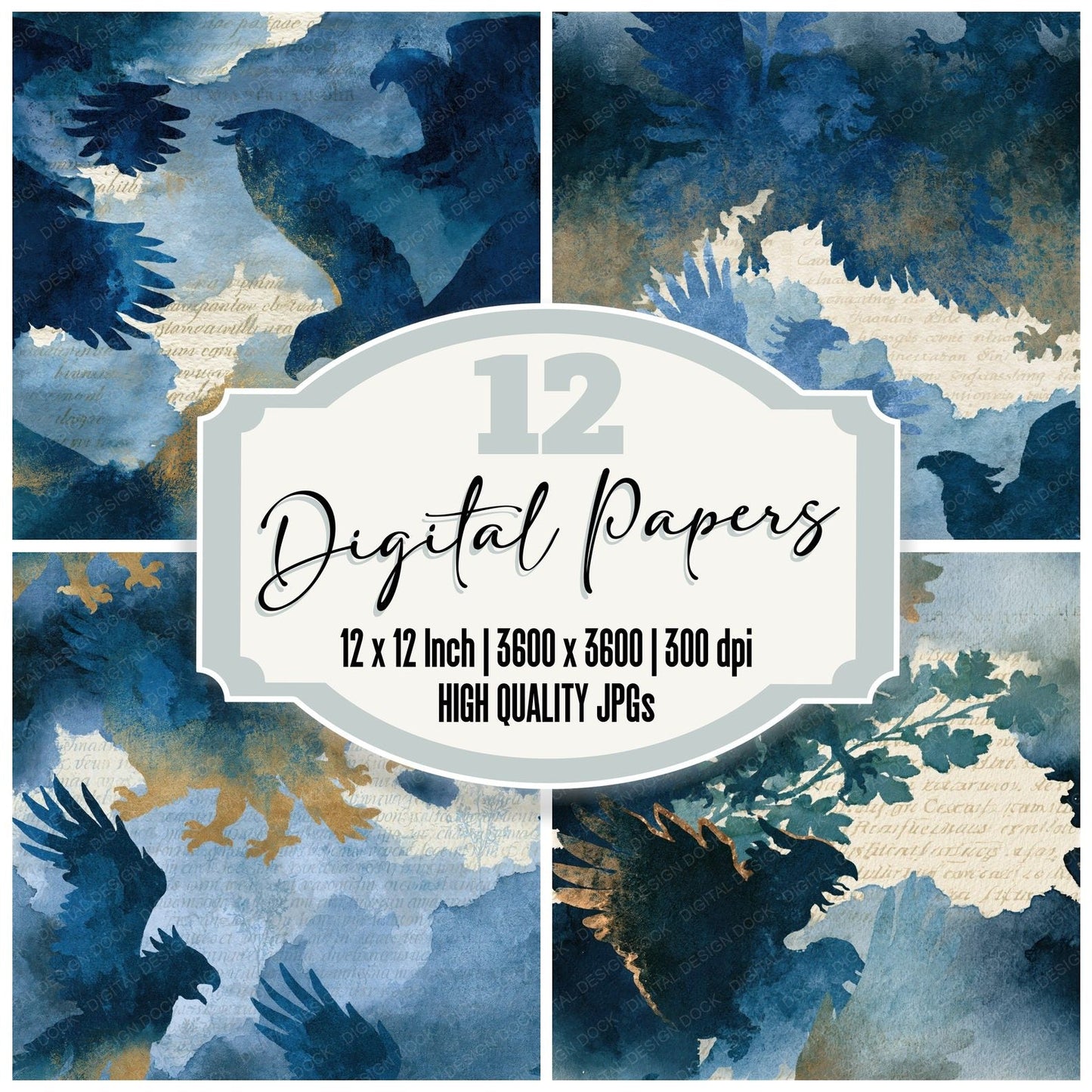 Watercolour Griffin Navy Bone Seamless Digital Paper Pack (DDD014383)