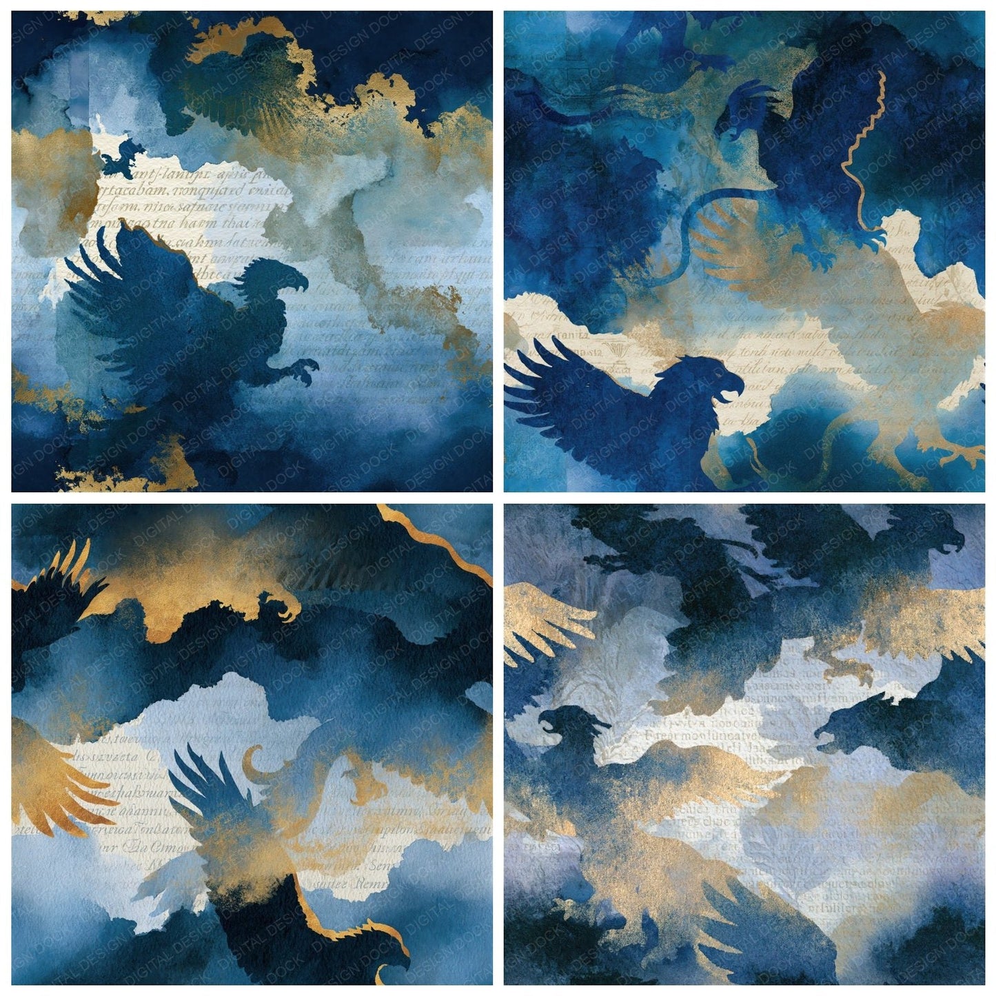 Watercolour Griffin Navy Bone Seamless Digital Paper Pack (DDD014383)
