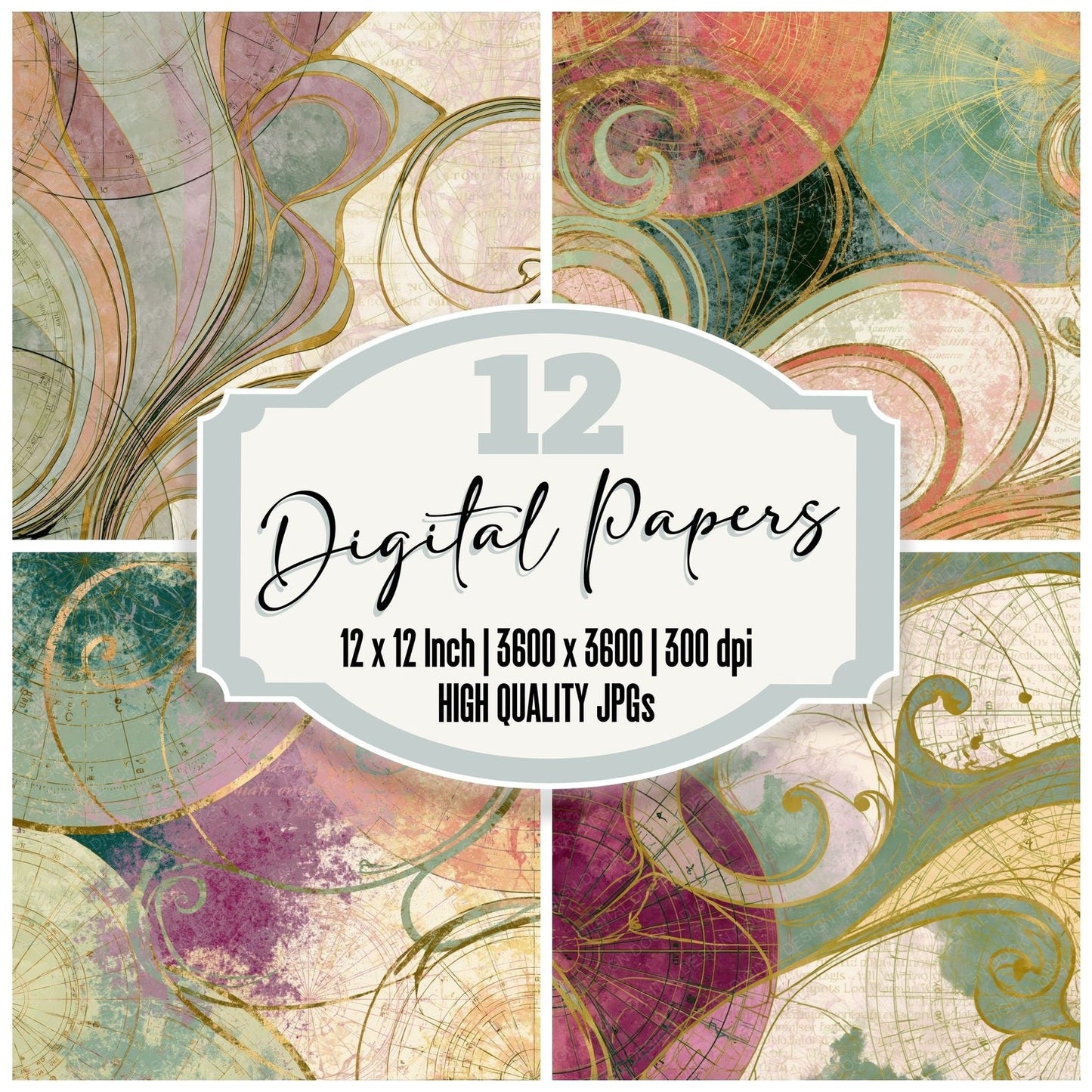 Art Nouveau Natal Charts Pistachio Raspberry Digital Paper Pack (DDD014385)