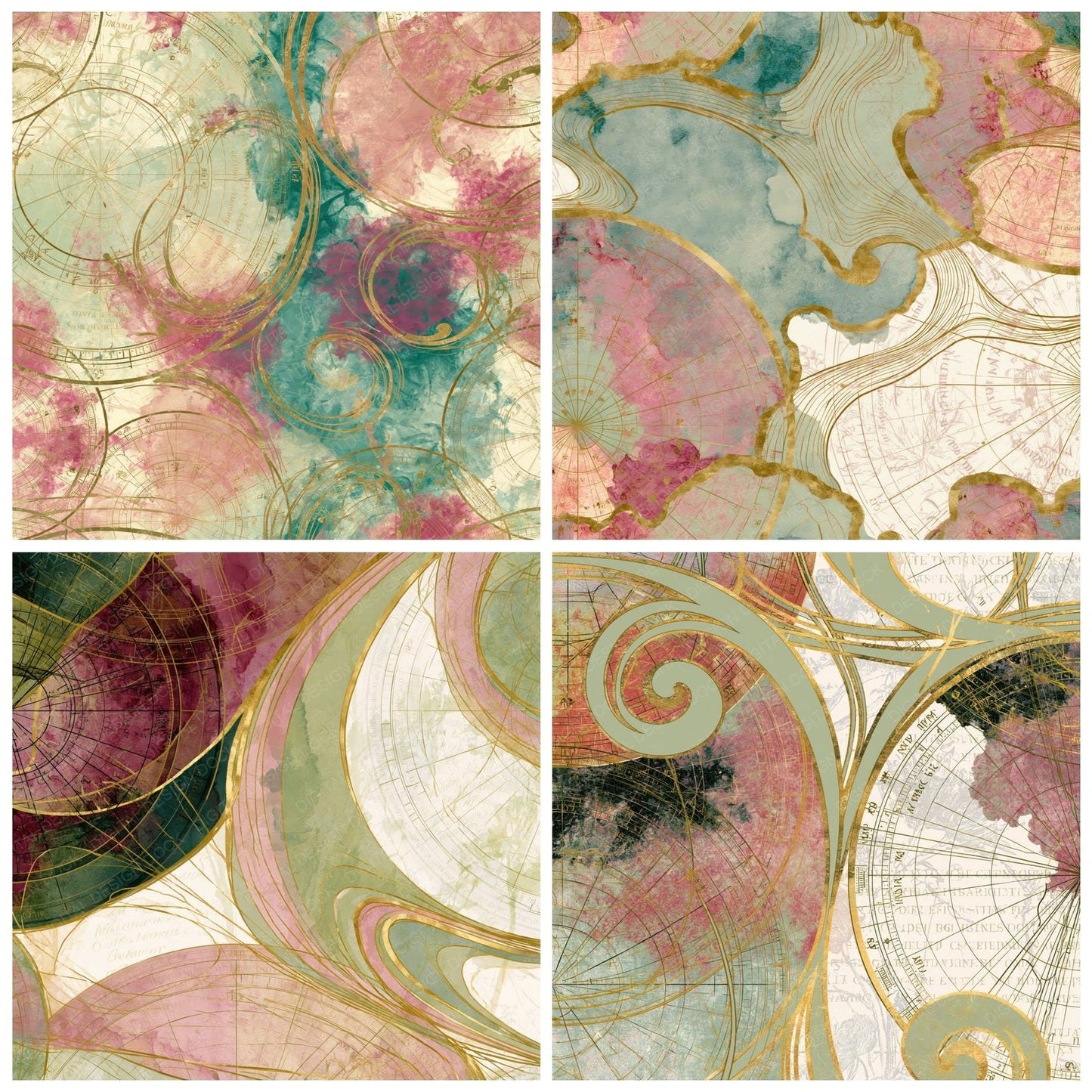 Art Nouveau Natal Charts Pistachio Raspberry Digital Paper Pack (DDD014385)