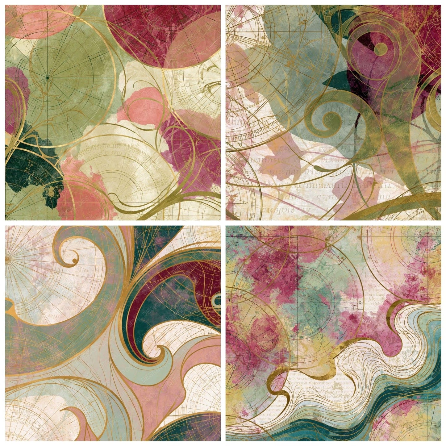 Art Nouveau Natal Charts Pistachio Raspberry Digital Paper Pack (DDD014385)