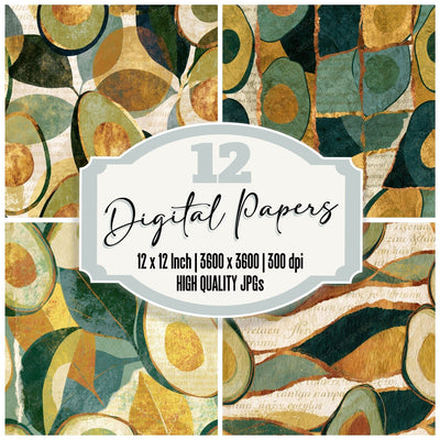 Collage Avocado Eucalyptus Gold Digital Paper Pack (DDD014386)