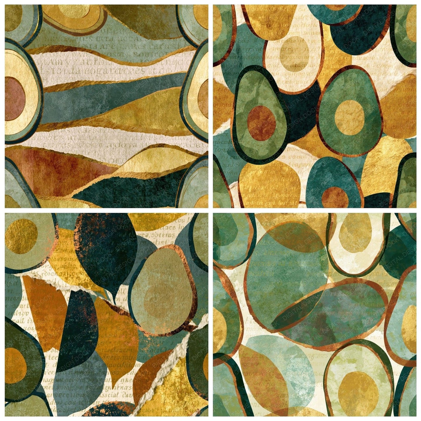 Collage Avocado Eucalyptus Gold Digital Paper Pack (DDD014386)
