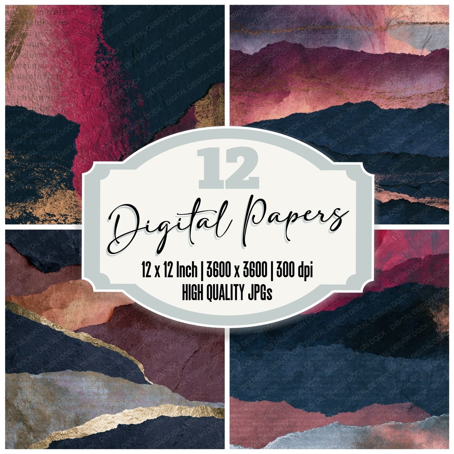 Collage Rose Wine Pewter Abstract Digital Paper Pack (DDD014387)