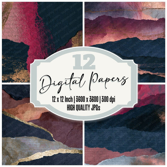 Collage Rose Wine Pewter Abstract Digital Paper Pack (DDD014387)