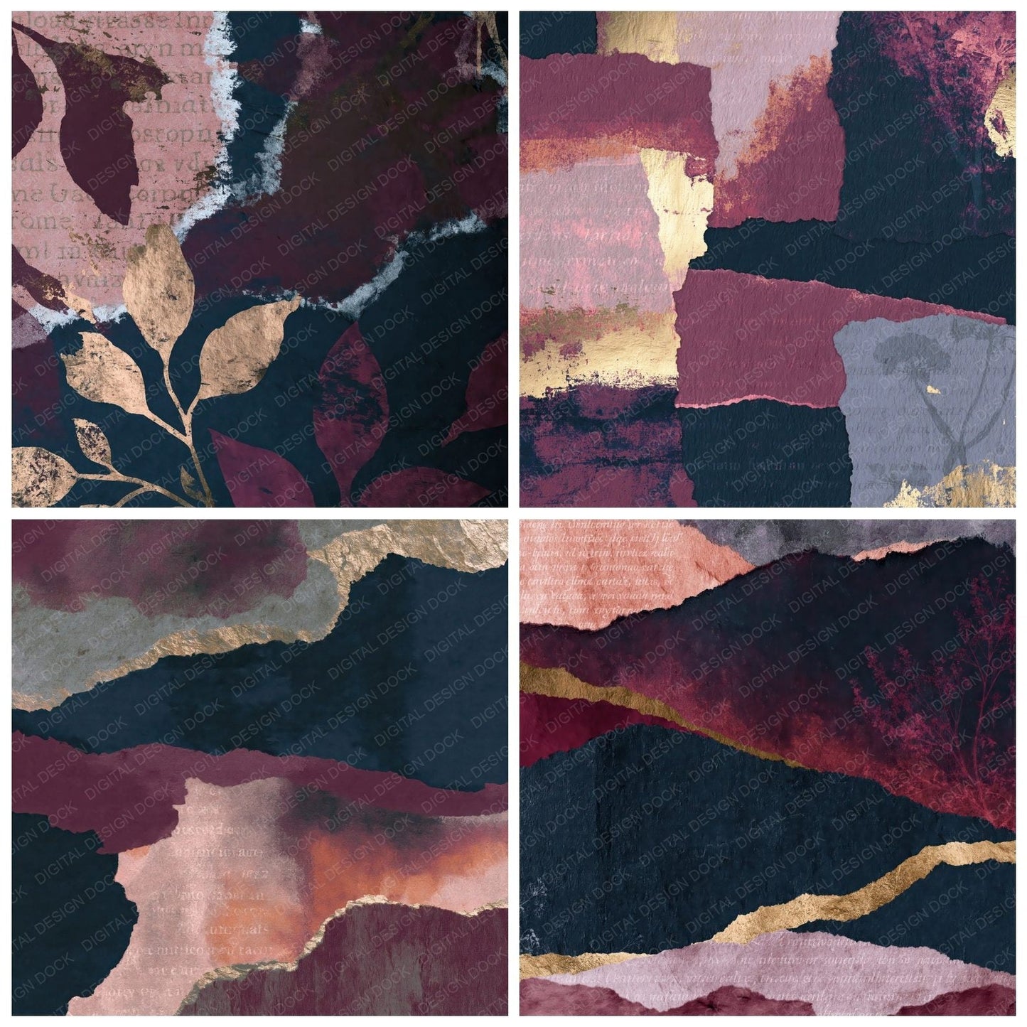 Collage Rose Wine Pewter Abstract Digital Paper Pack (DDD014387)