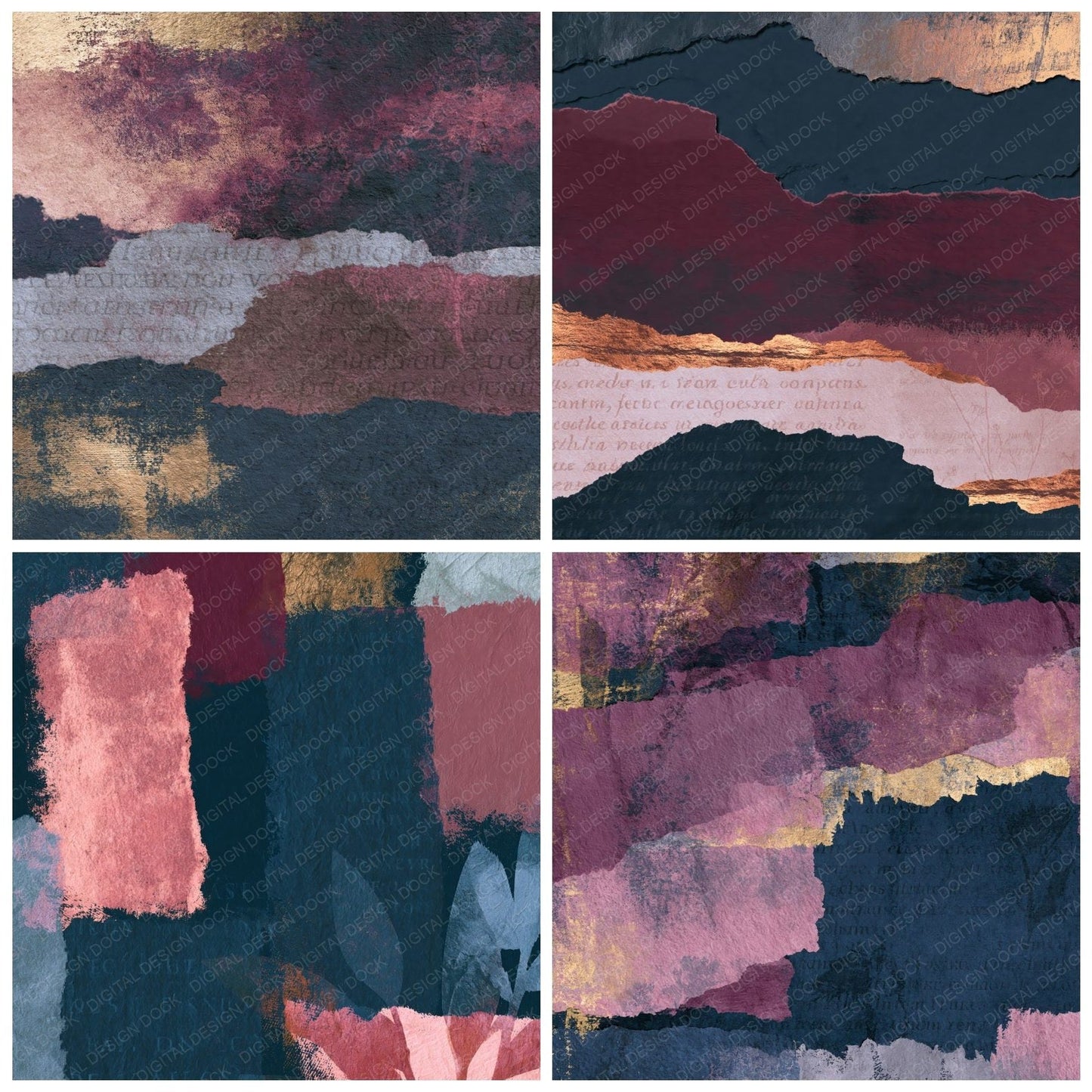 Collage Rose Wine Pewter Abstract Digital Paper Pack (DDD014387)
