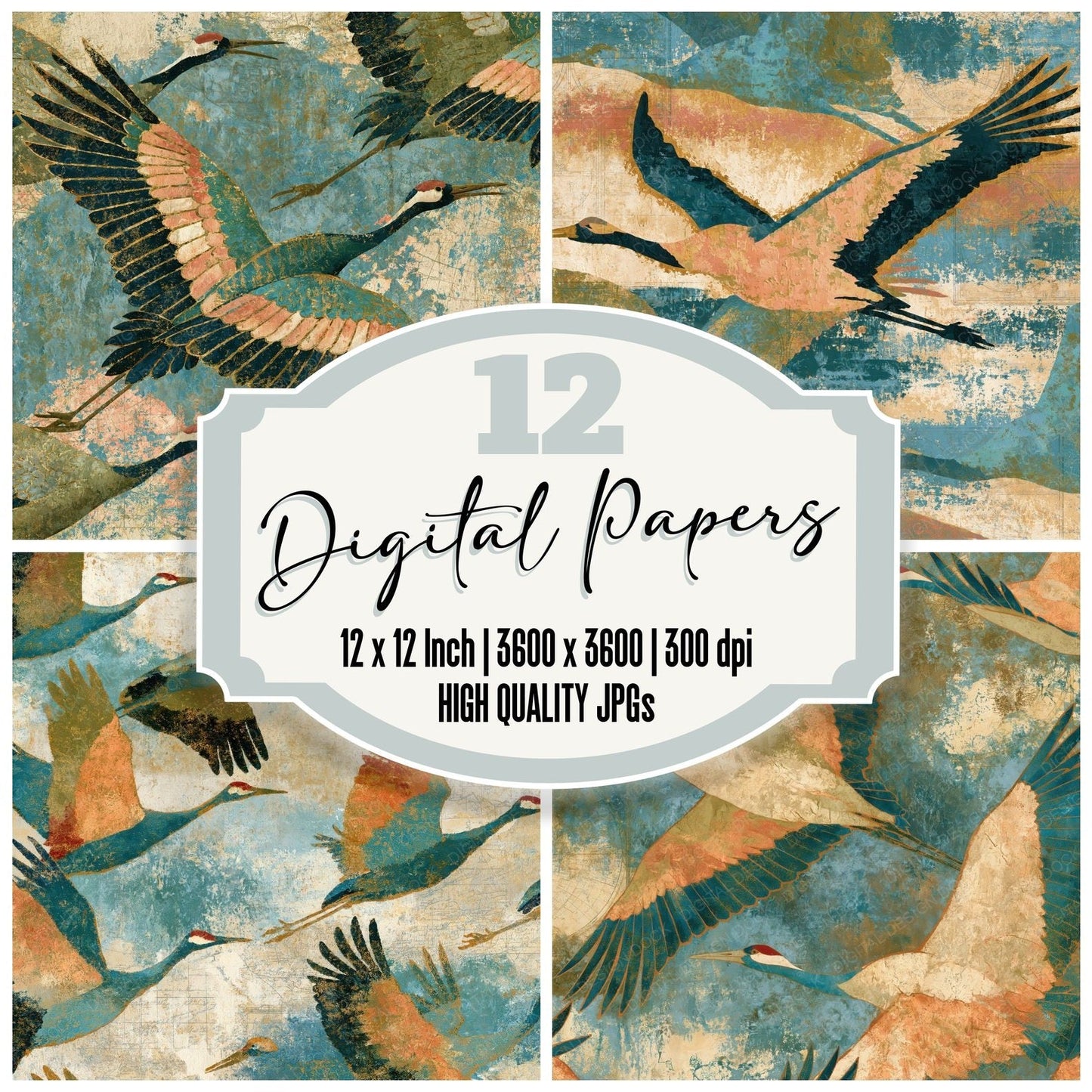 Fresco Cranes Olive Peach Turquoise Digital Paper Pack (DDD014391)