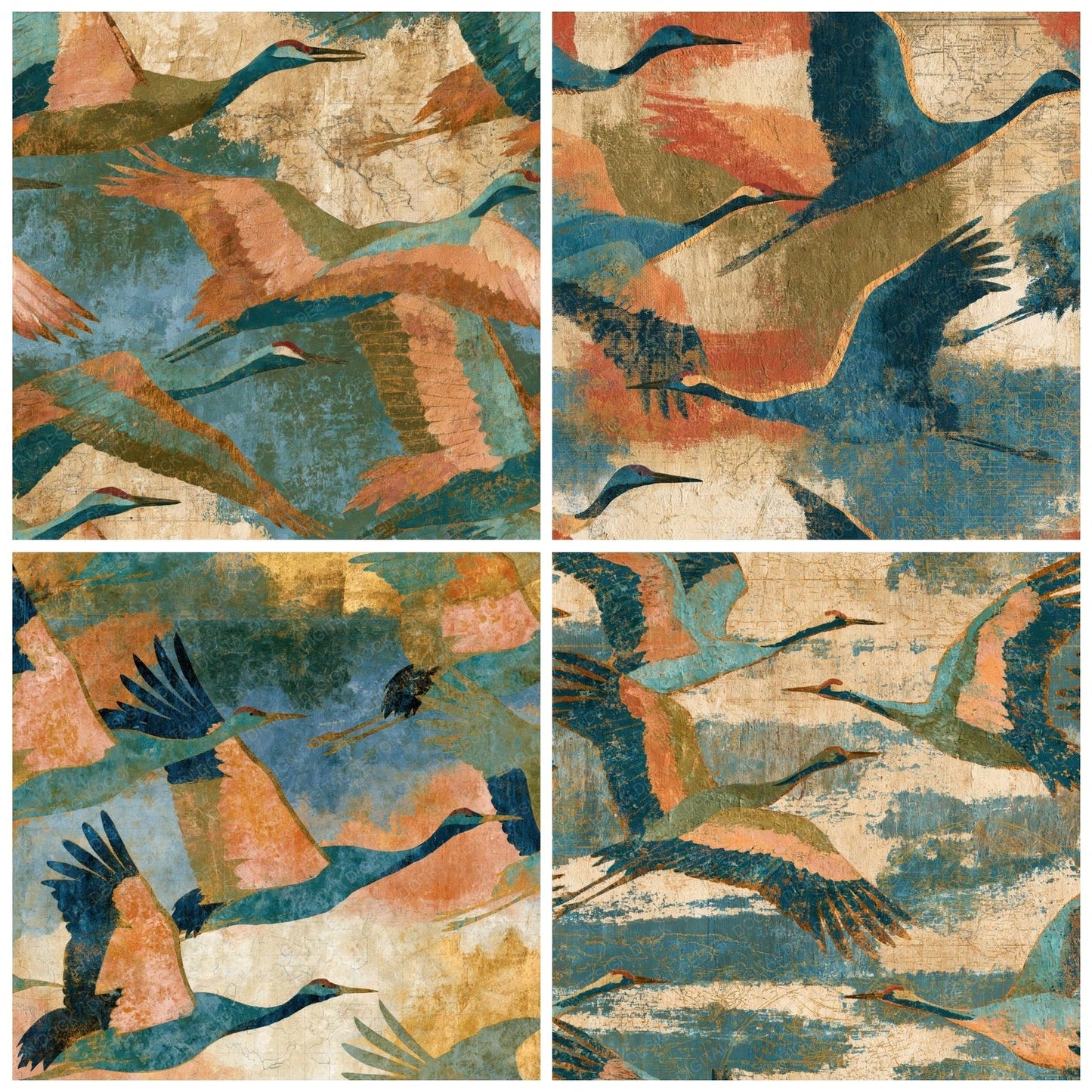Fresco Cranes Olive Peach Turquoise Digital Paper Pack (DDD014391)