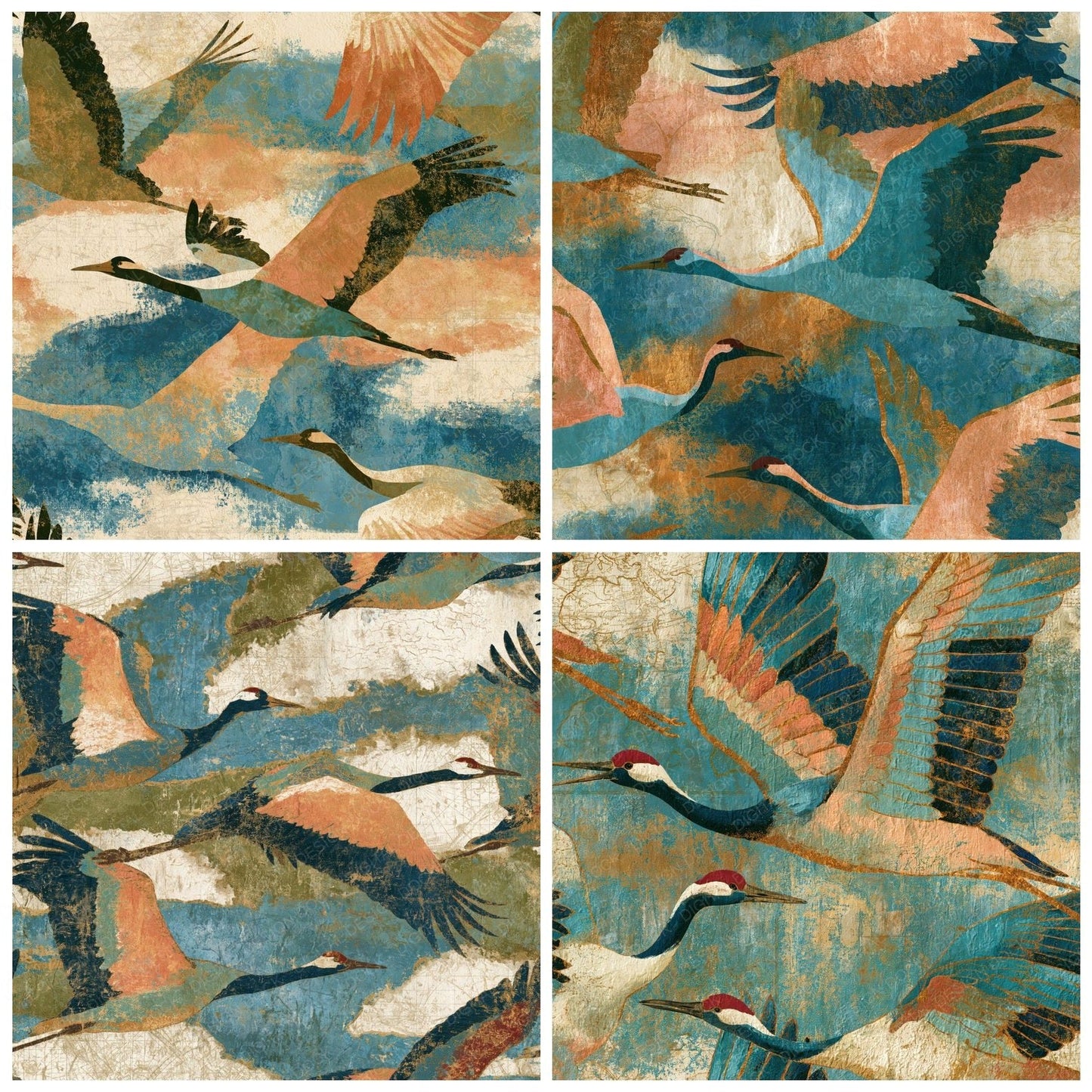 Fresco Cranes Olive Peach Turquoise Digital Paper Pack (DDD014391)