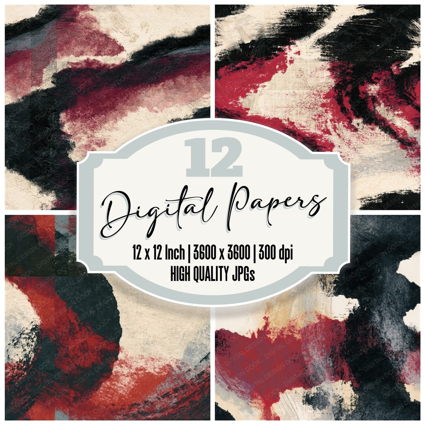 Monoprint Oxblood Bone Abstract Seamless Digital Paper Pack (DDD014393)