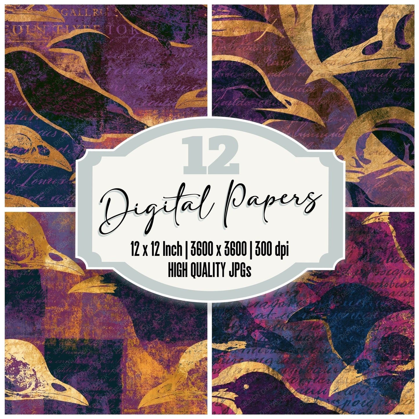 Screenprint Bird Skulls Aubergine Brass Digital Paper Pack (DDD014399)