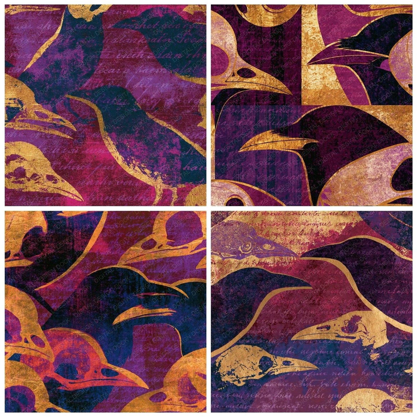 Screenprint Bird Skulls Aubergine Brass Digital Paper Pack (DDD014399)