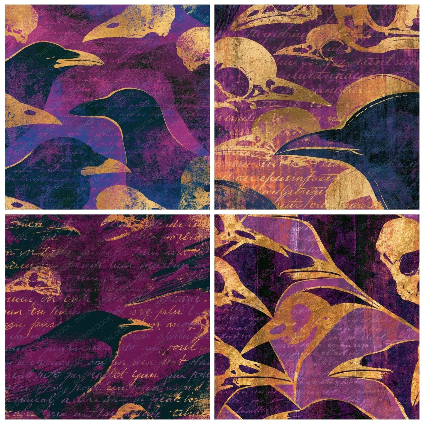 Screenprint Bird Skulls Aubergine Brass Digital Paper Pack (DDD014399)