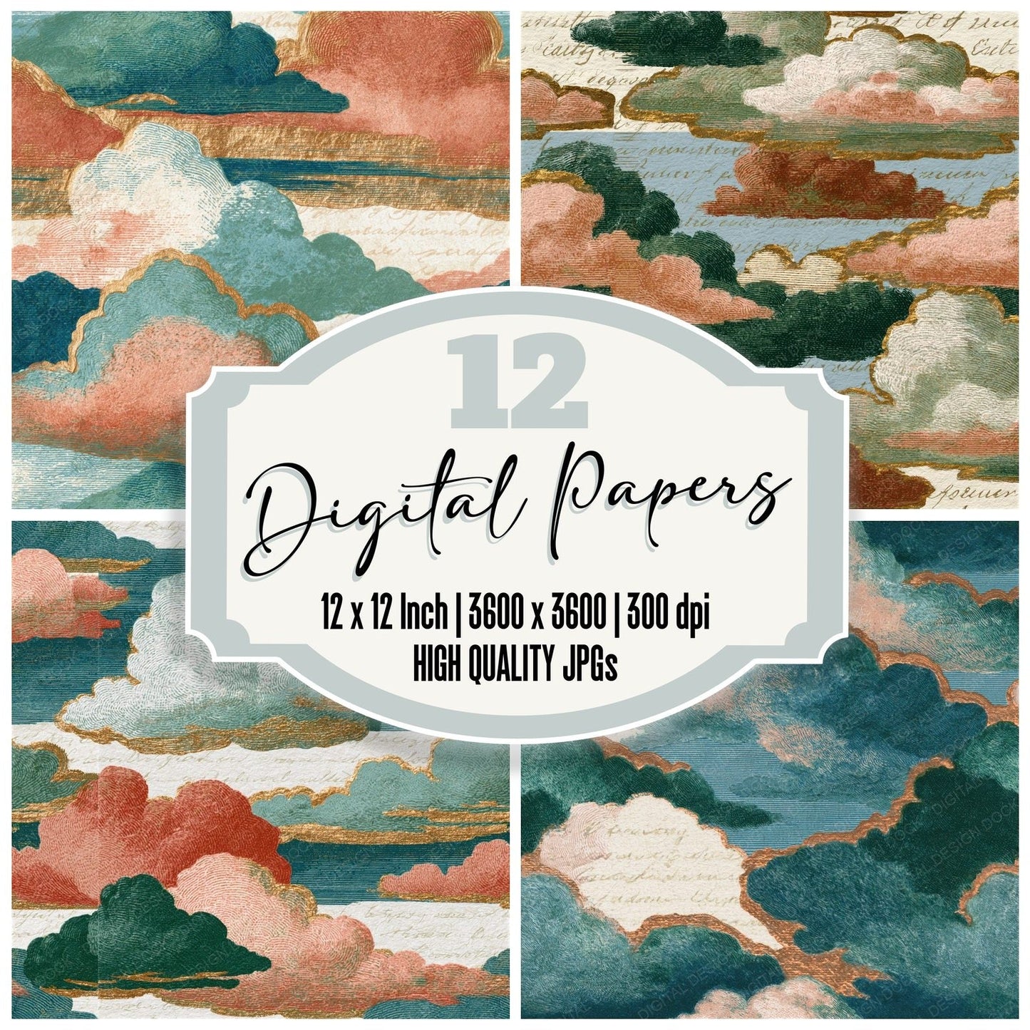 Victorian Clouds Blush Green Seamless Digital Paper Pack (DDD014402)