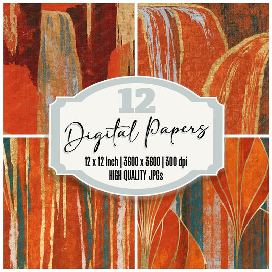 Woodblock Waterfalls Copper Orange Digital Paper Pack (DDD014403)