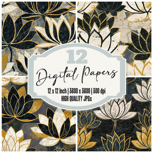 Lithograph Lotus Black Cream Mustard Digital Paper Pack (DDD014407)