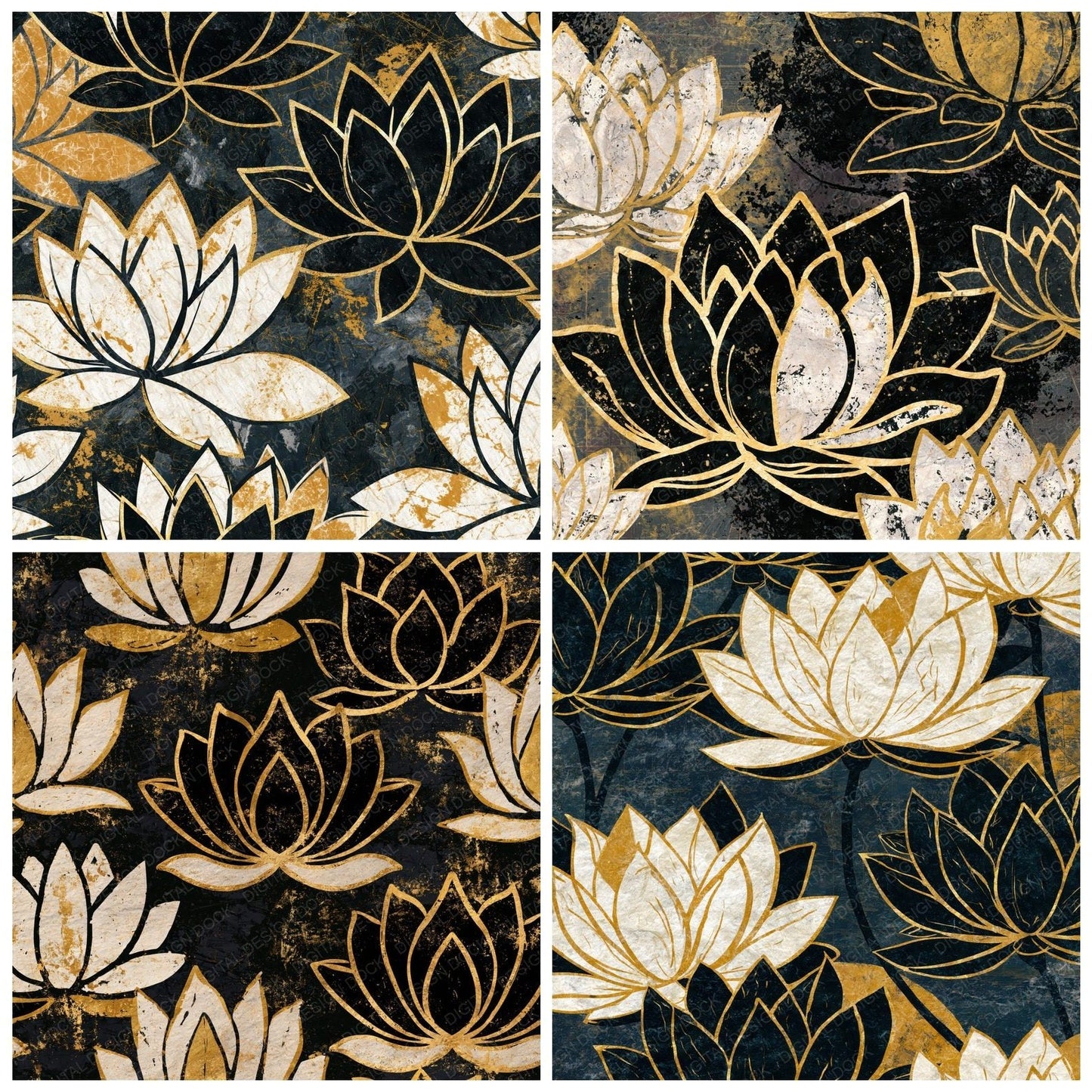 Lithograph Lotus Black Cream Mustard Digital Paper Pack (DDD014407)