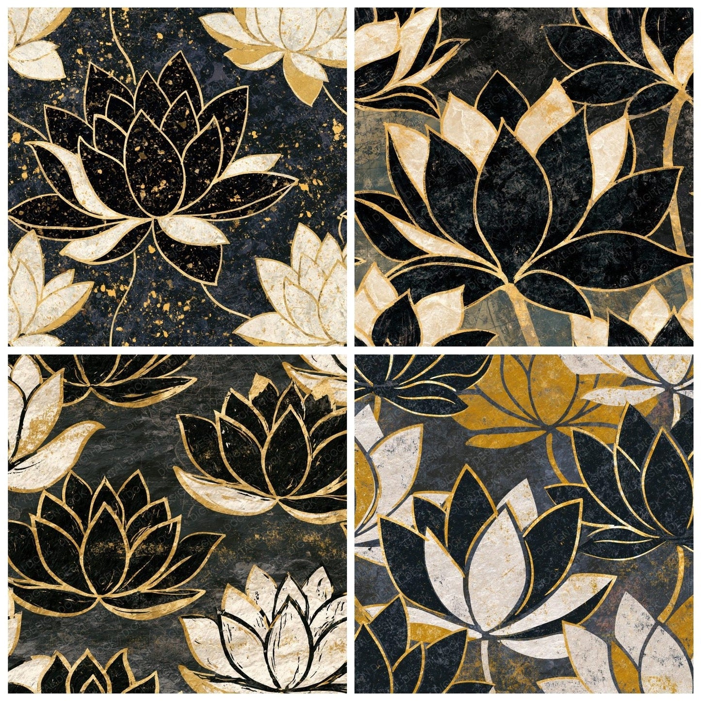 Lithograph Lotus Black Cream Mustard Digital Paper Pack (DDD014407)