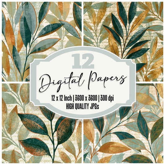 Lithograph Sage Stems Mint Gold Digital Paper Pack (DDD014408)