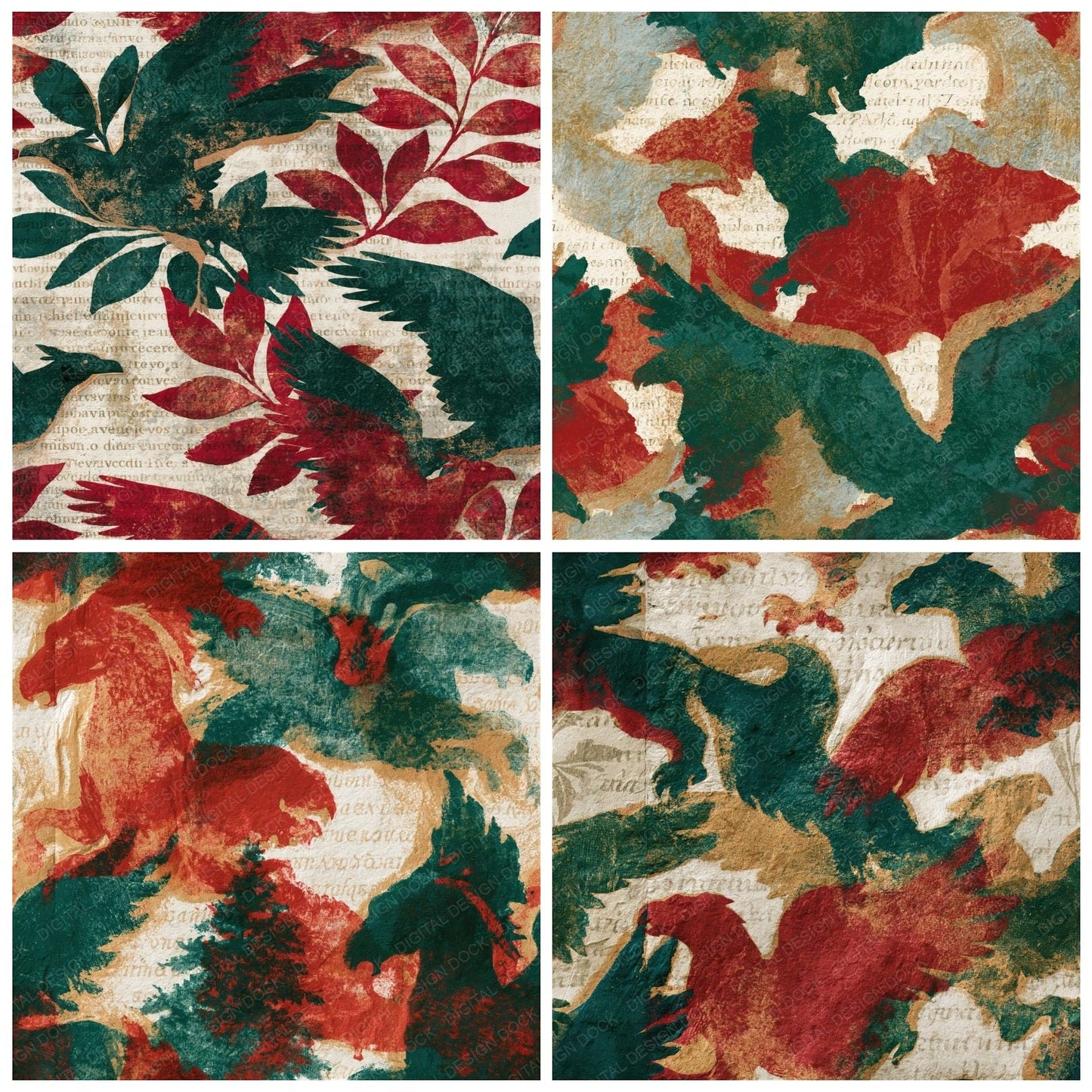 Monoprint Hippogriff Emerald Ruby Seamless Digital Paper Pack (DDD014409)